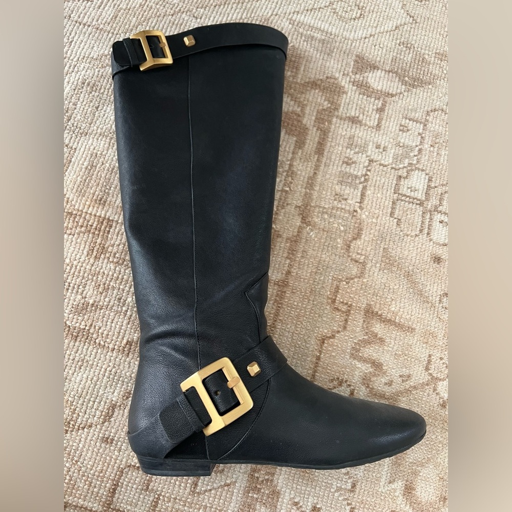 BCBG Black Leather Knee-High Boots with Gold Buckle